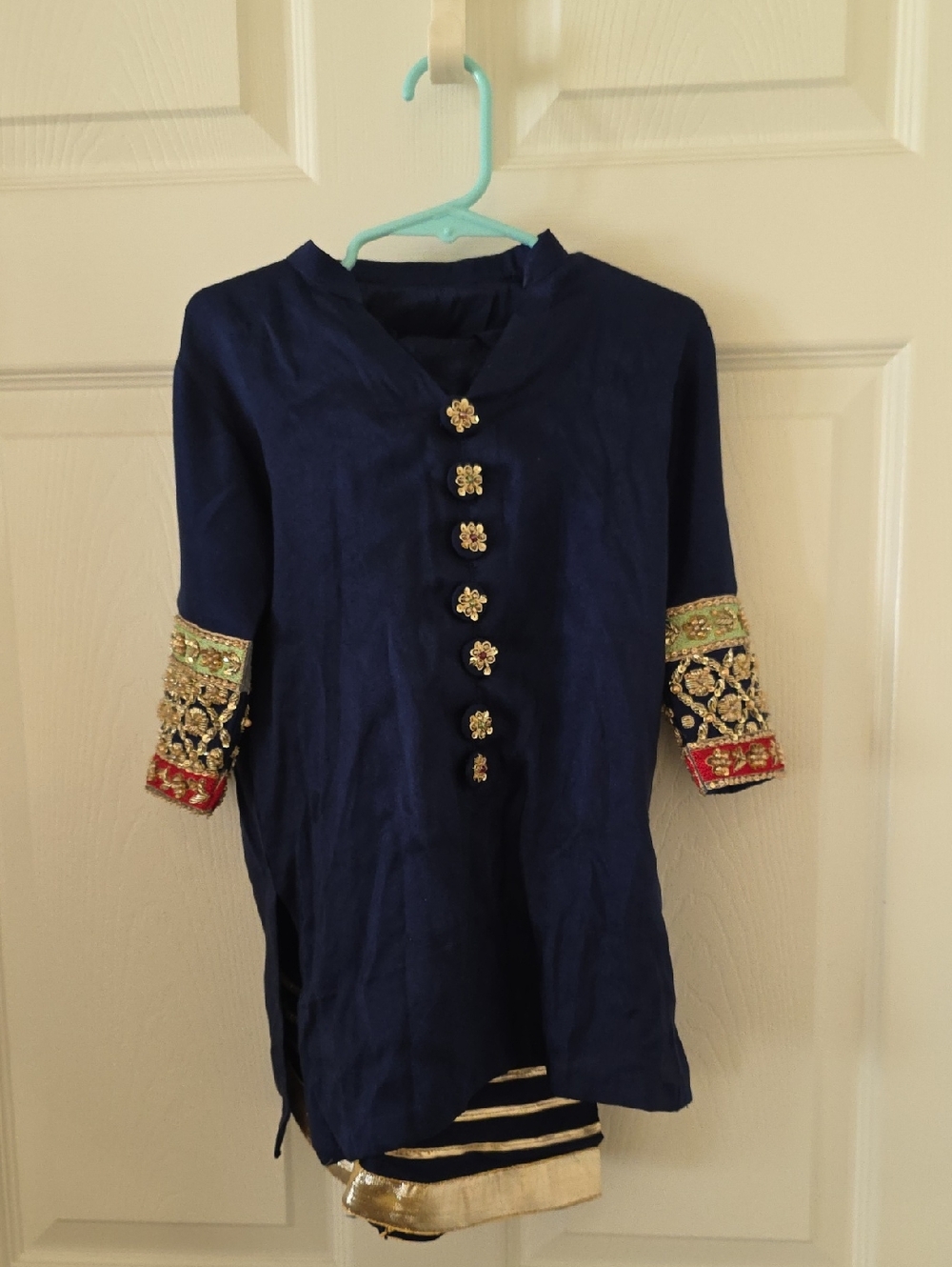 NEW Silk 3pc Navy Blue Gold Kurta Wide Leg Pants Shawl Dubatta 2 To 3 Year Size